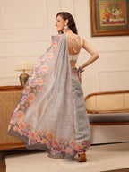 Hiral Fashion Grey Banarasi Silk Cotton Floral Digital Print Saree