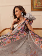 Hiral Fashion Grey Banarasi Silk Cotton Floral Digital Print Saree