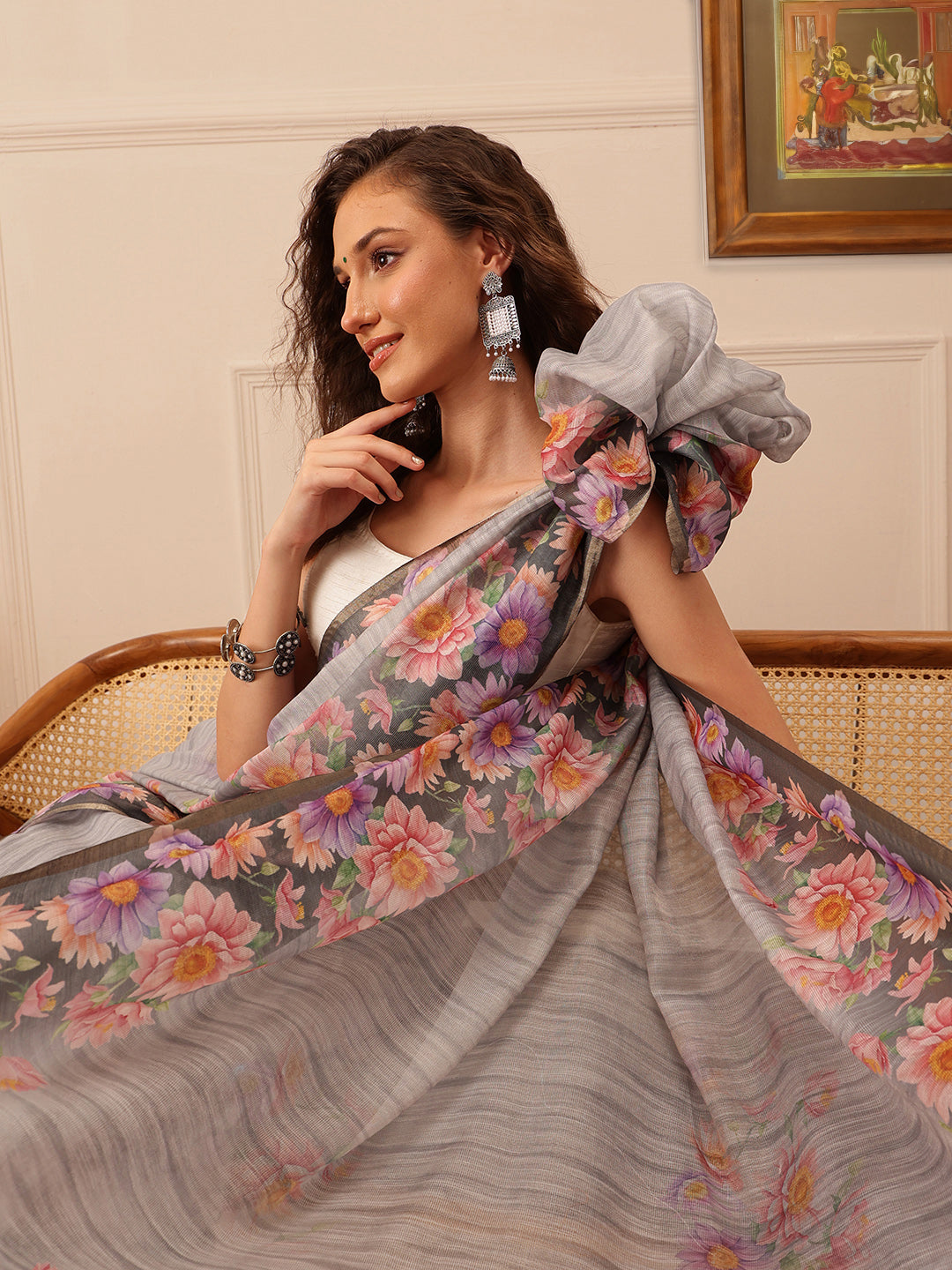 Hiral Fashion Grey Banarasi Silk Cotton Floral Digital Print Saree