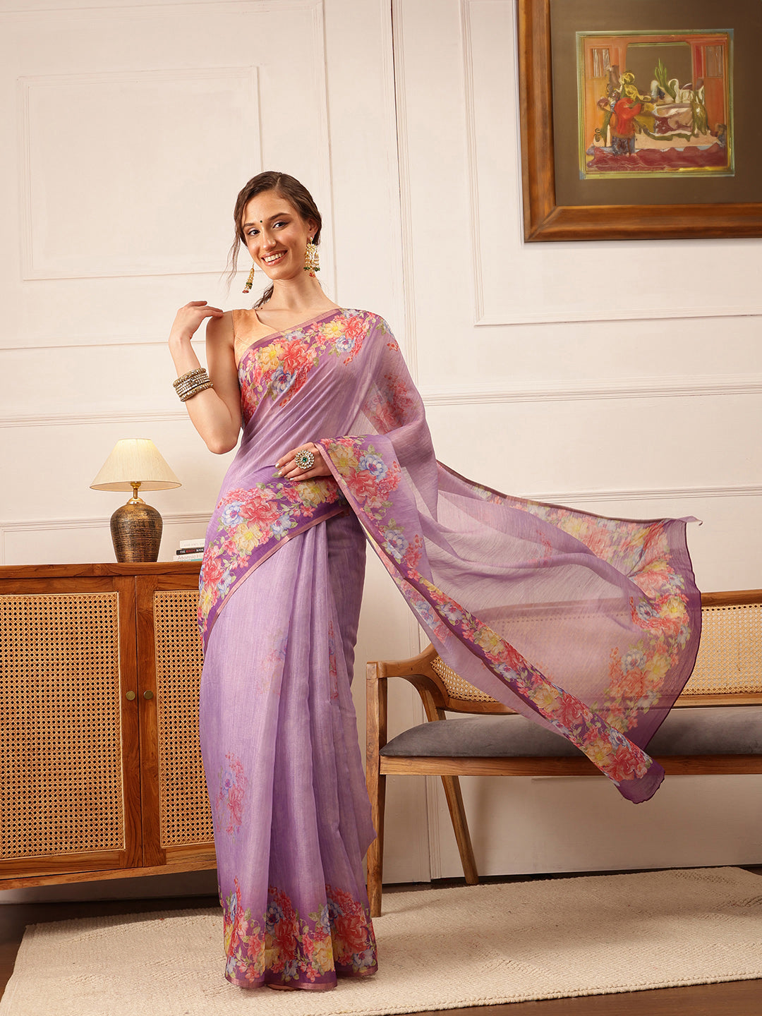 Hiral Fashion Lavender Banarasi Silk Cotton Floral Digital Print Saree
