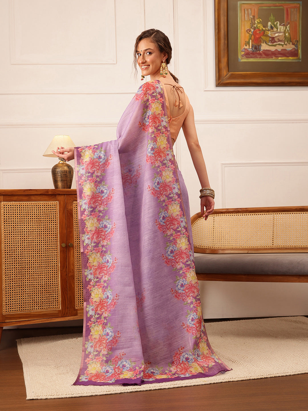 Hiral Fashion Lavender Banarasi Silk Cotton Floral Digital Print Saree
