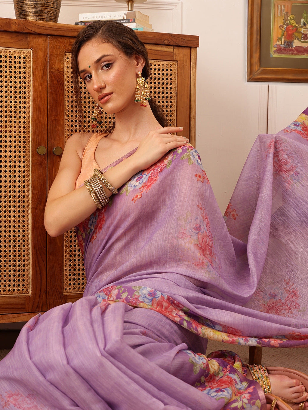 Hiral Fashion Lavender Banarasi Silk Cotton Floral Digital Print Saree