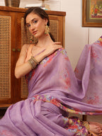 Hiral Fashion Lavender Banarasi Silk Cotton Floral Digital Print Saree