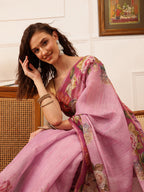Hiral Fashion Pink Banarasi Silk Cotton Floral Digital Print Saree