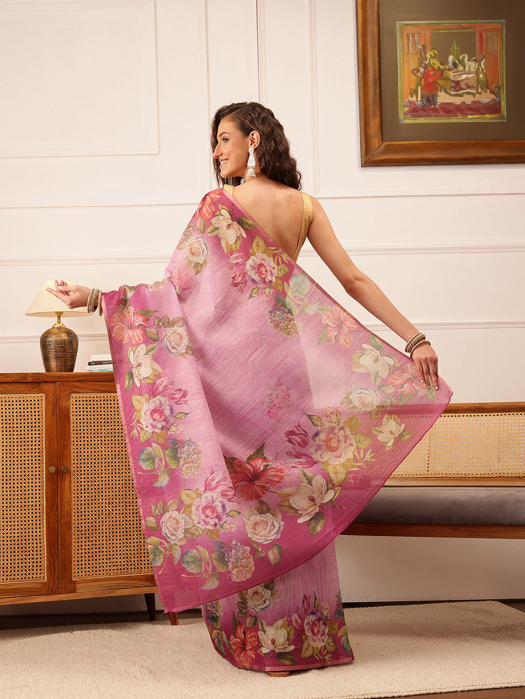 Hiral Fashion Pink Banarasi Silk Cotton Floral Digital Print Saree