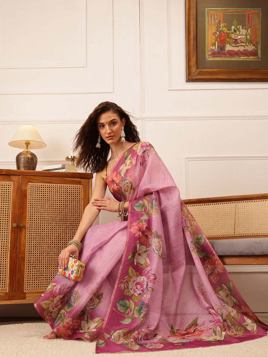Hiral Fashion Pink Banarasi Silk Cotton Floral Digital Print Saree