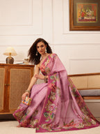 Hiral Fashion Pink Banarasi Silk Cotton Floral Digital Print Saree