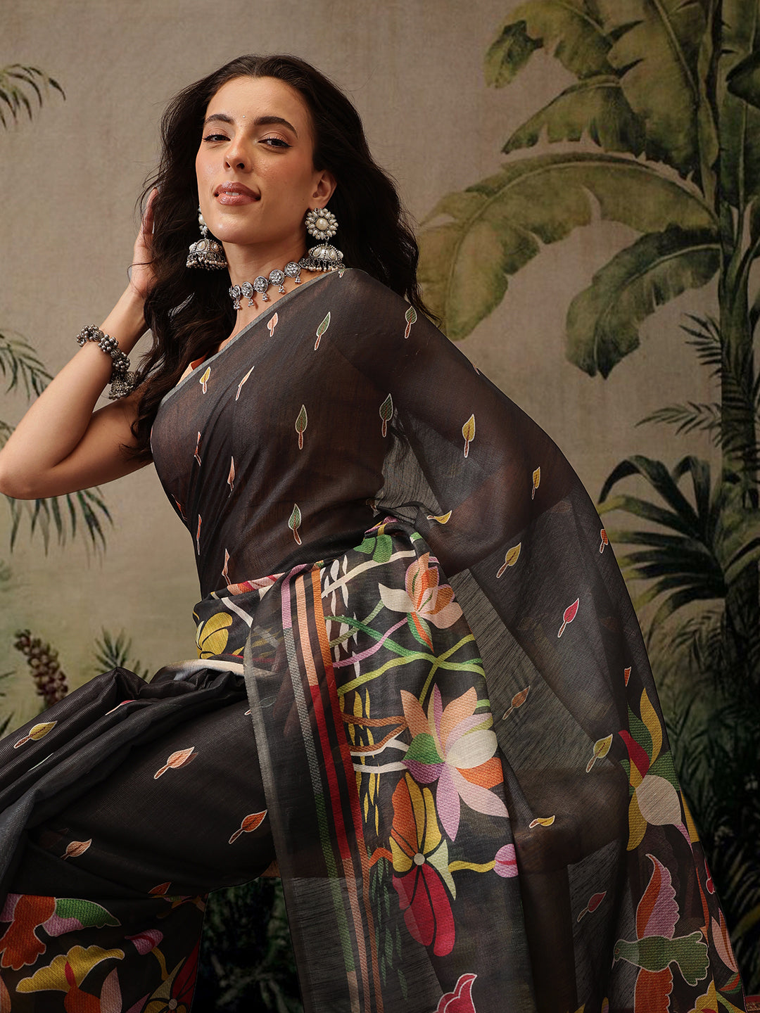 Hiral Fashion Black Banarasi Cotton Blend Floral Digital Printed Saree