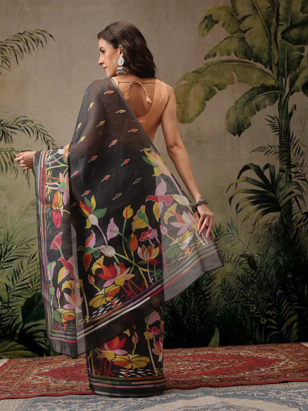 Hiral Fashion Black Banarasi Cotton Blend Floral Digital Printed Saree