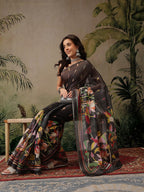 Hiral Fashion Black Banarasi Cotton Blend Floral Digital Printed Saree