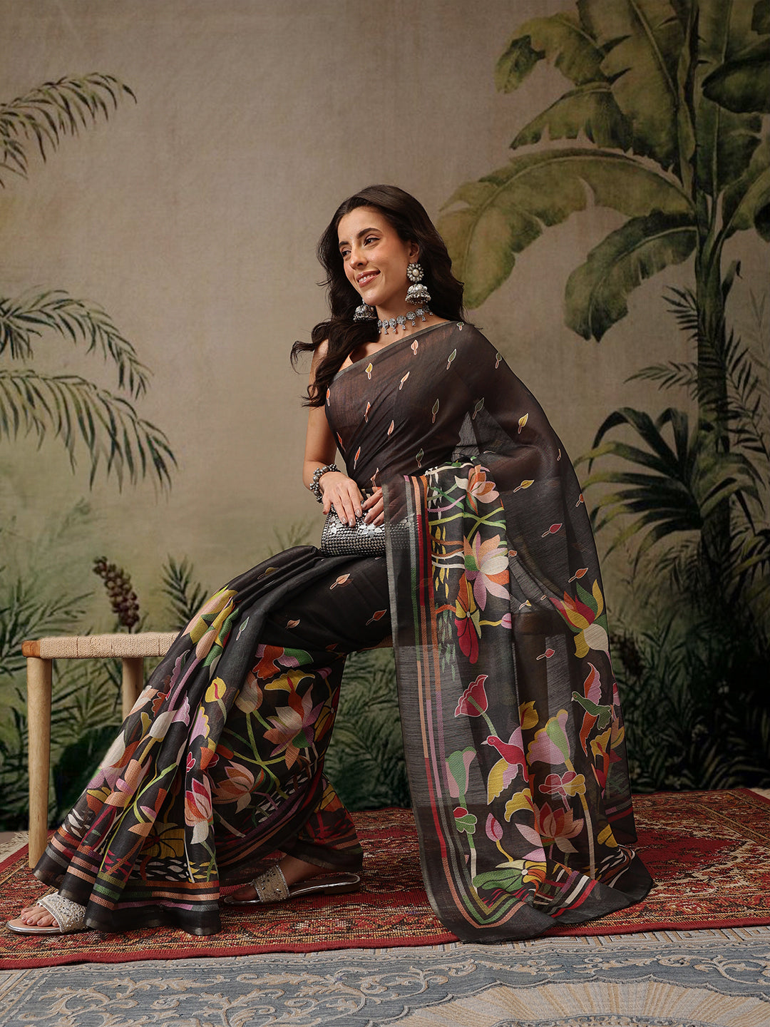 Hiral Fashion Black Banarasi Cotton Blend Floral Digital Printed Saree