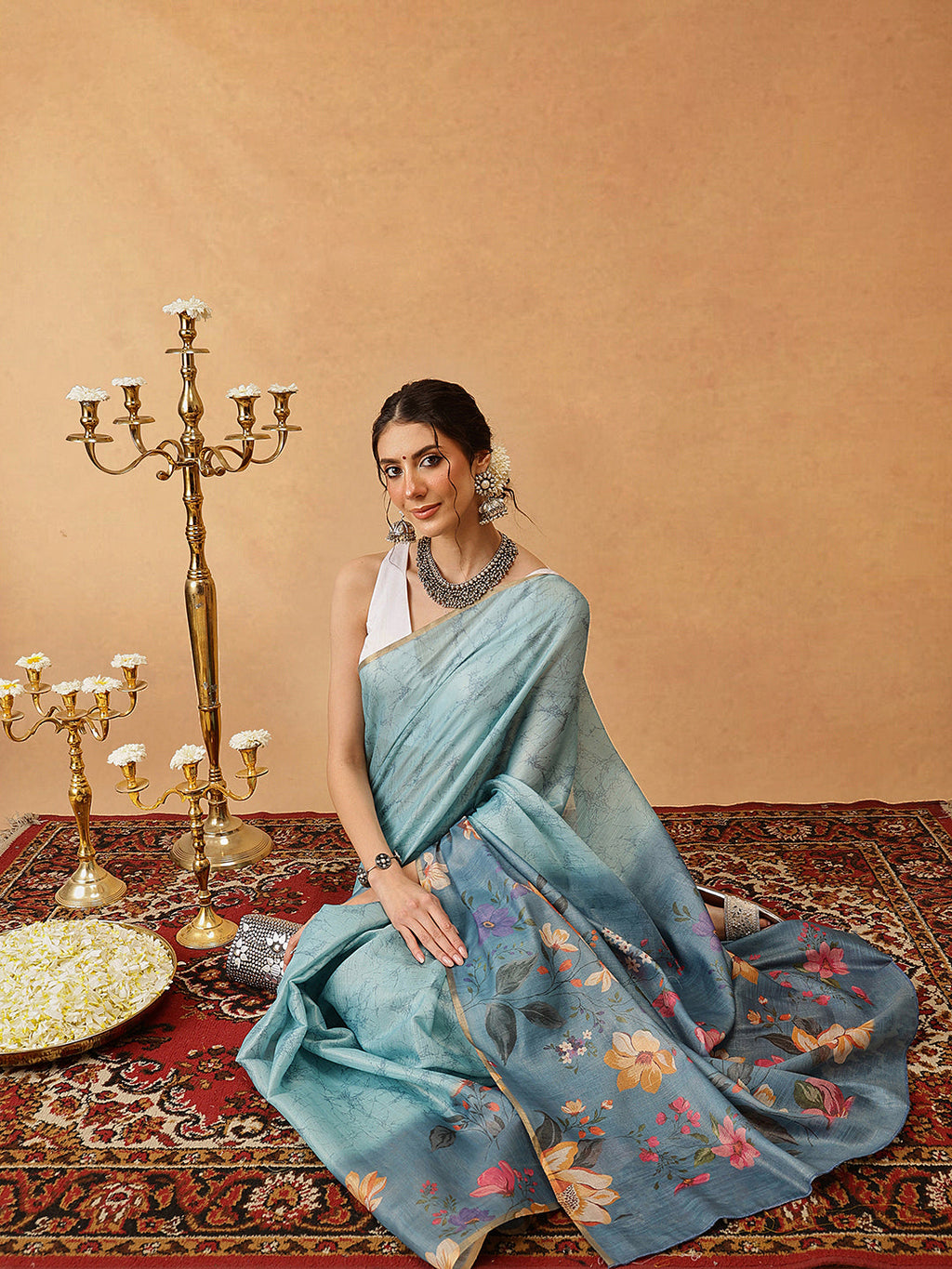 Hiral Fashion Blue Banarasi Cotton Silk Floral Digital Printed Saree