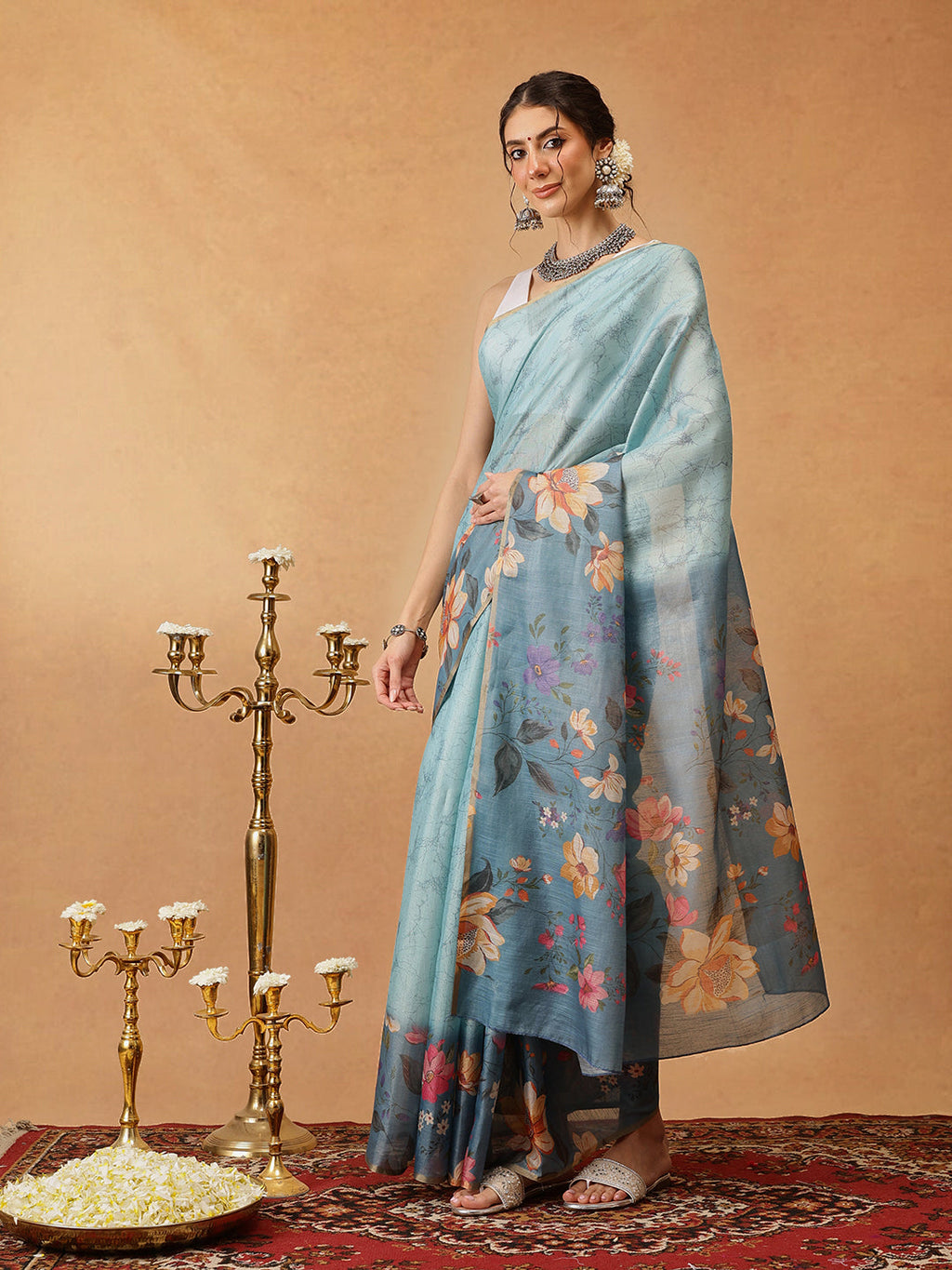 Hiral Fashion Blue Banarasi Cotton Silk Floral Digital Printed Saree