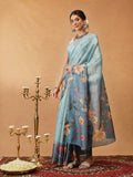 Hiral Fashion Blue Banarasi Cotton Silk Floral Digital Printed Saree