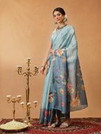 Hiral Fashion Blue Banarasi Cotton Silk Floral Digital Printed Saree