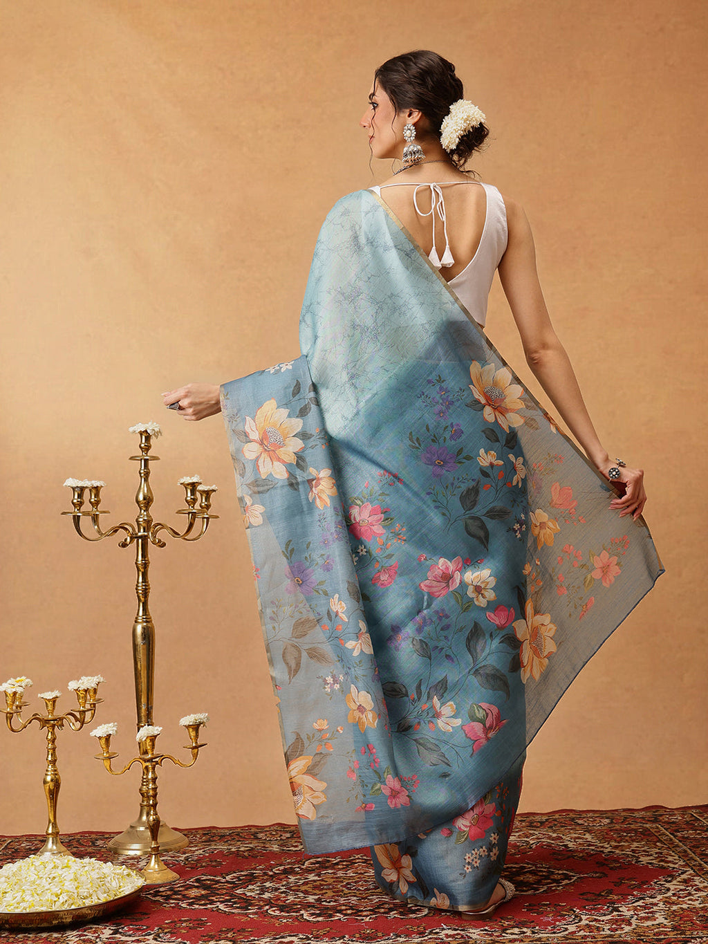 Hiral Fashion Blue Banarasi Cotton Silk Floral Digital Printed Saree