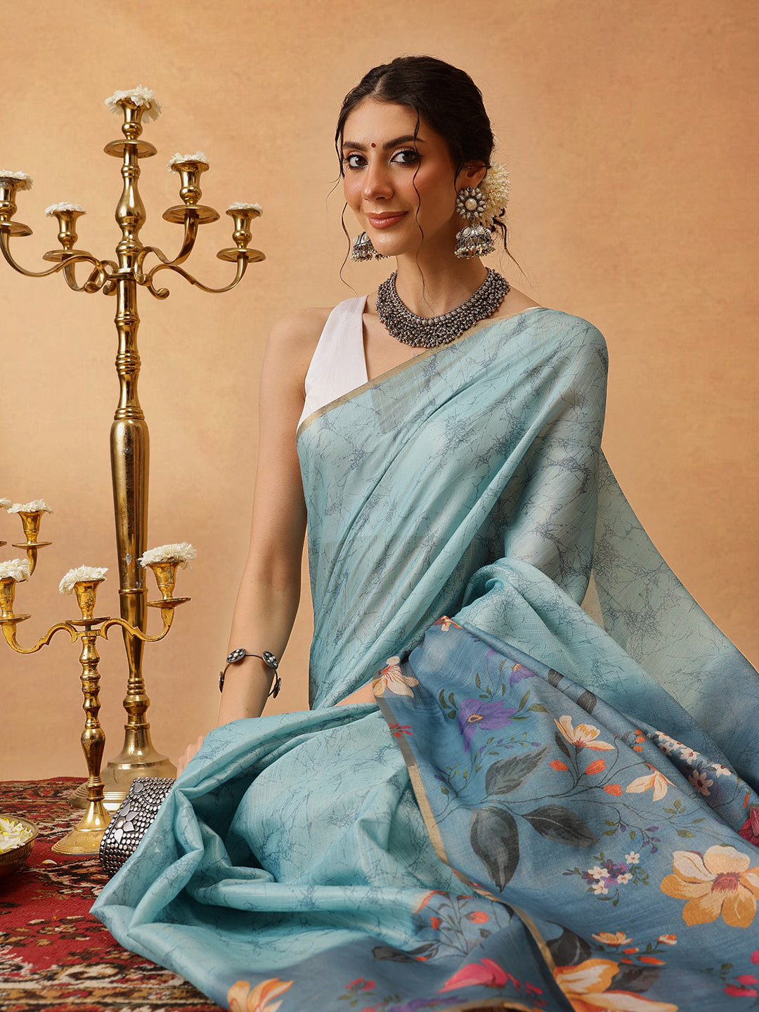 Hiral Fashion Blue Banarasi Cotton Silk Floral Digital Printed Saree