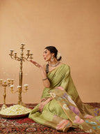 Hiral Fashion Olive Banarasi Cotton Silk Floral Digital Printed Saree