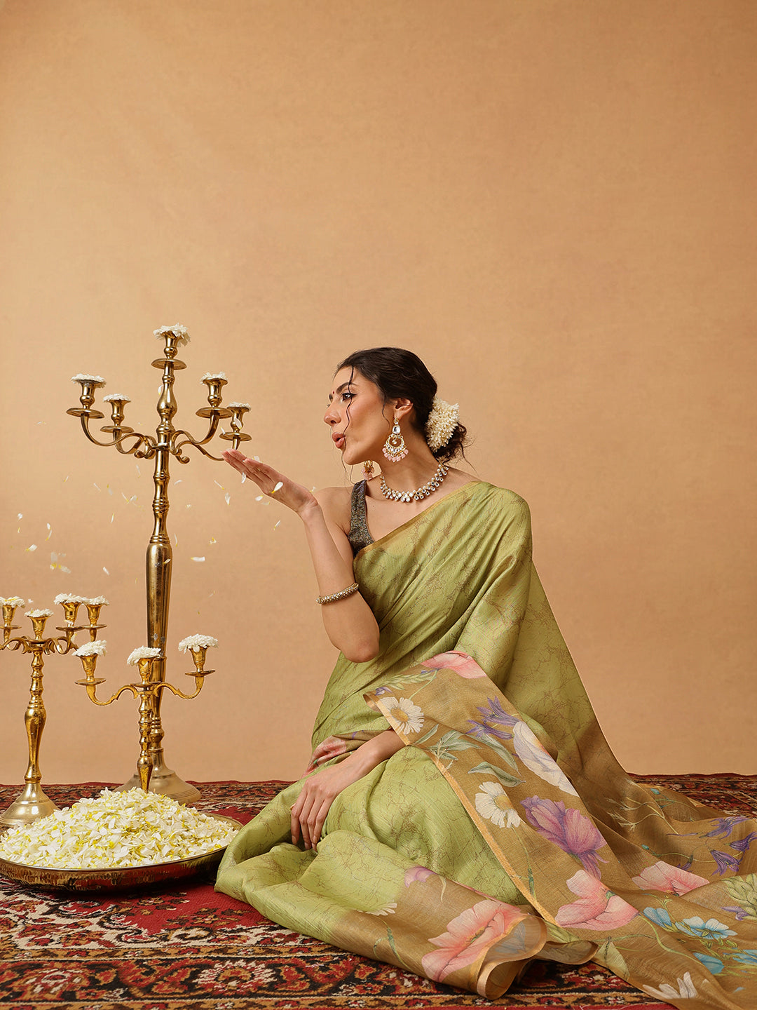 Hiral Fashion Olive Banarasi Cotton Silk Floral Digital Printed Saree
