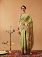 Hiral Fashion Olive Banarasi Cotton Silk Floral Digital Printed Saree