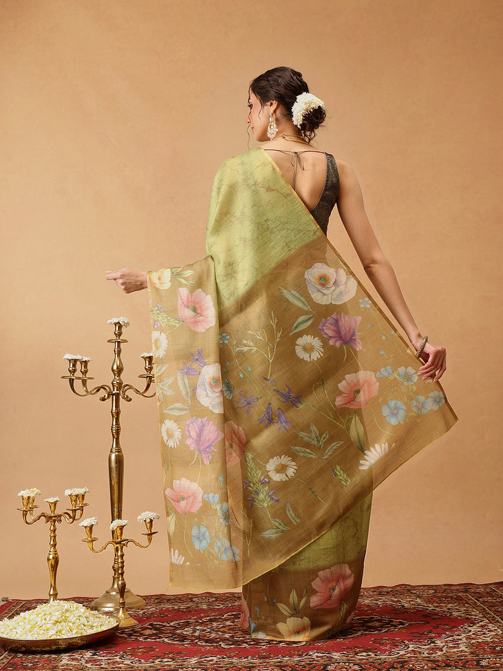 Hiral Fashion Olive Banarasi Cotton Silk Floral Digital Printed Saree