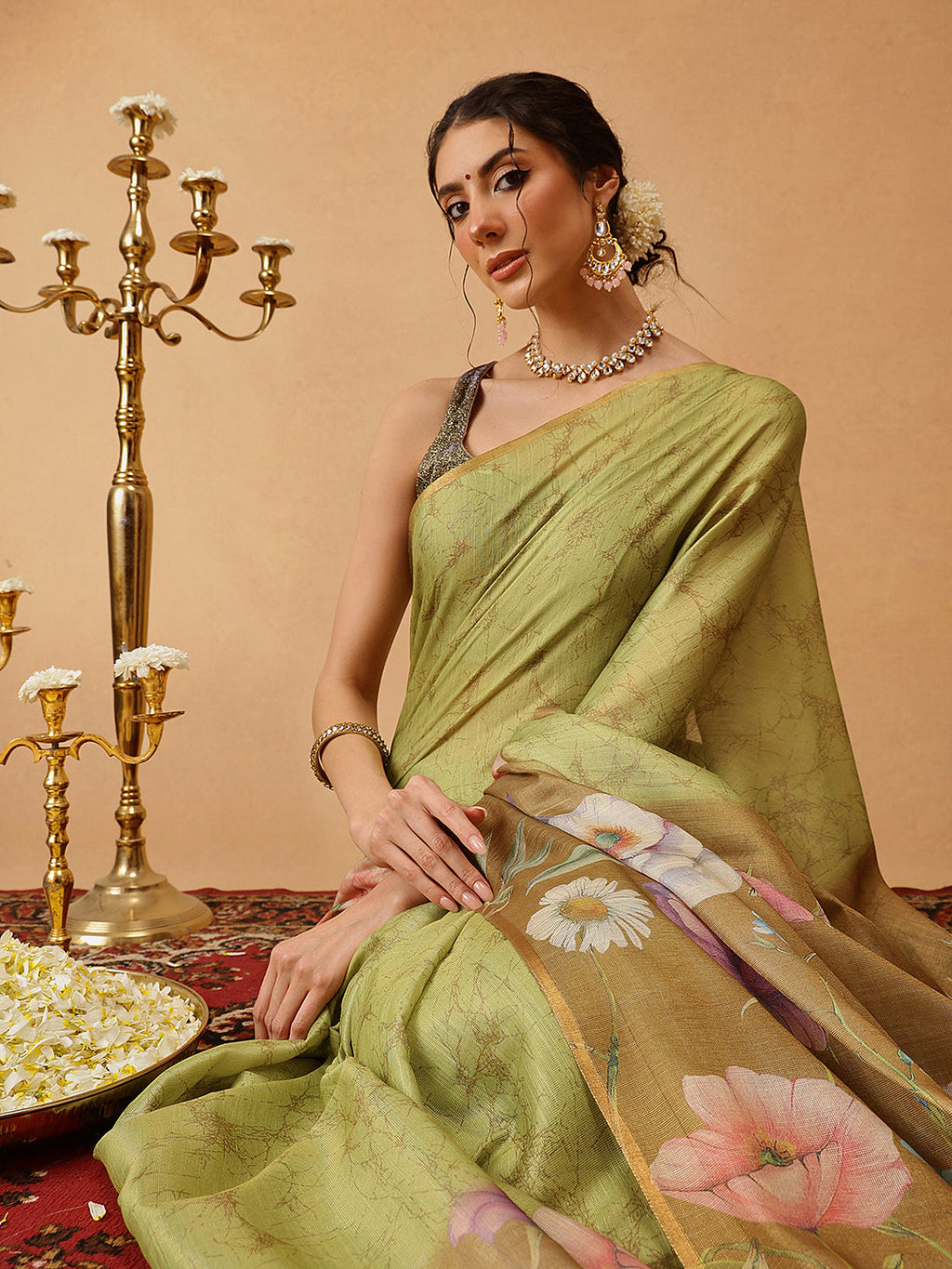 Hiral Fashion Olive Banarasi Cotton Silk Floral Digital Printed Saree