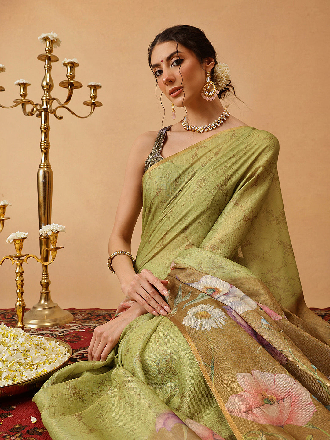Hiral Fashion Olive Banarasi Cotton Silk Floral Digital Printed Saree
