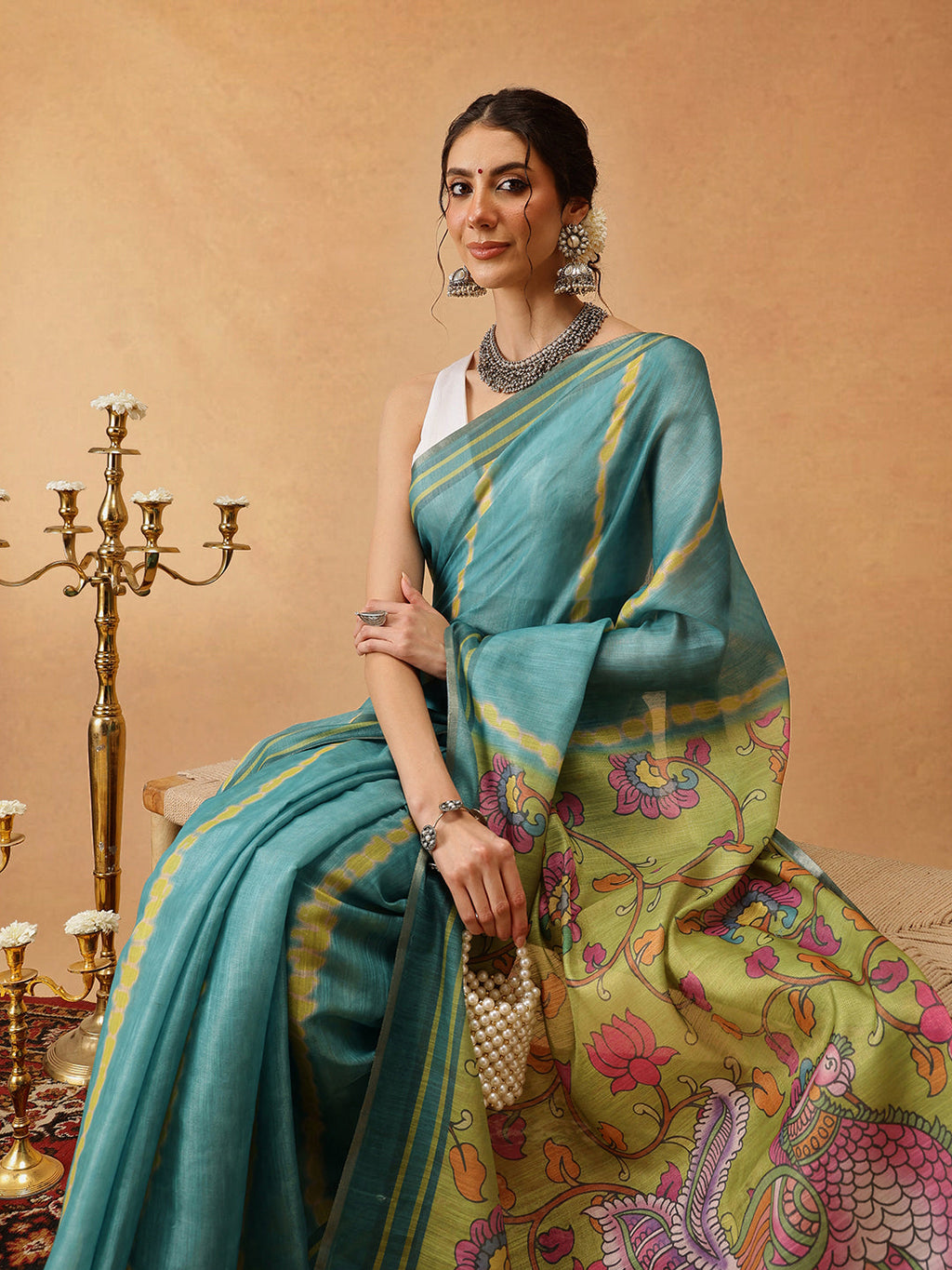 Hiral Fashion Teal Banarasi Cotton Silk Lahariya Digital Printed Saree