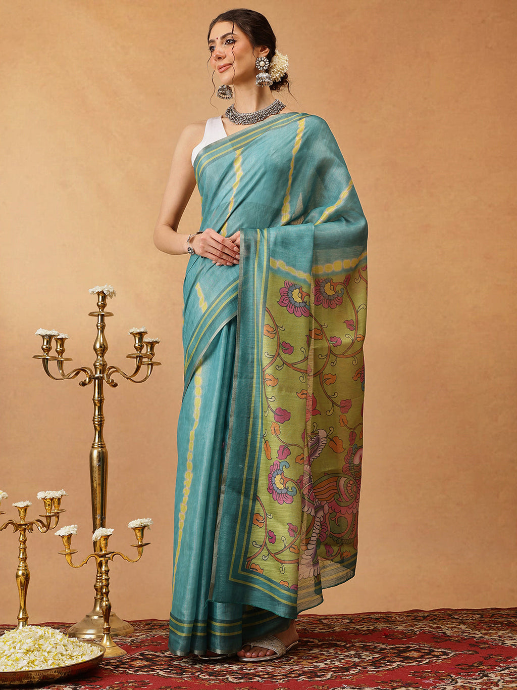 Hiral Fashion Teal Banarasi Cotton Silk Lahariya Digital Printed Saree