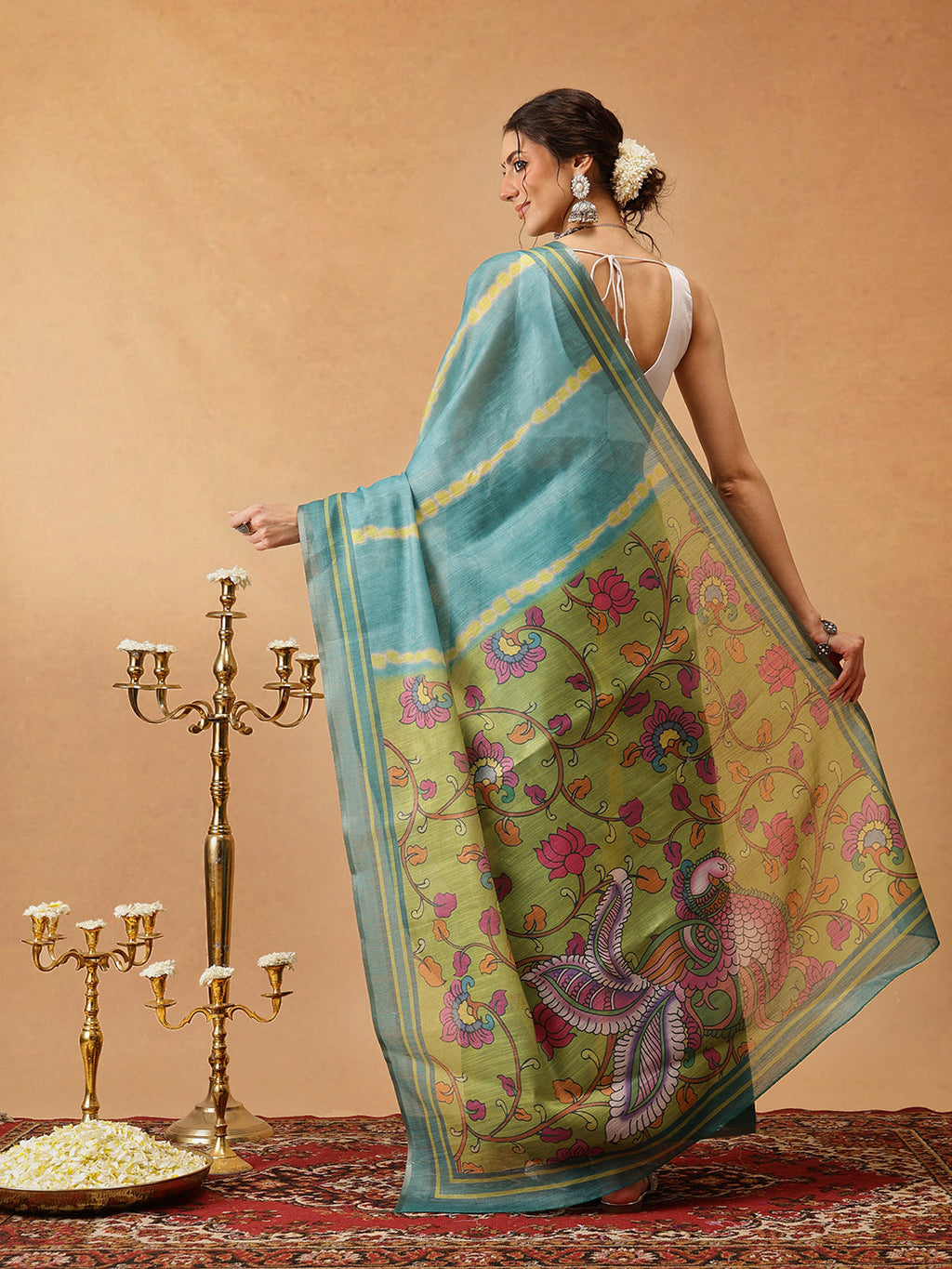 Hiral Fashion Teal Banarasi Cotton Silk Lahariya Digital Printed Saree