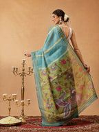 Hiral Fashion Teal Banarasi Cotton Silk Lahariya Digital Printed Saree