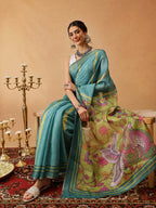 Hiral Fashion Teal Banarasi Cotton Silk Lahariya Digital Printed Saree
