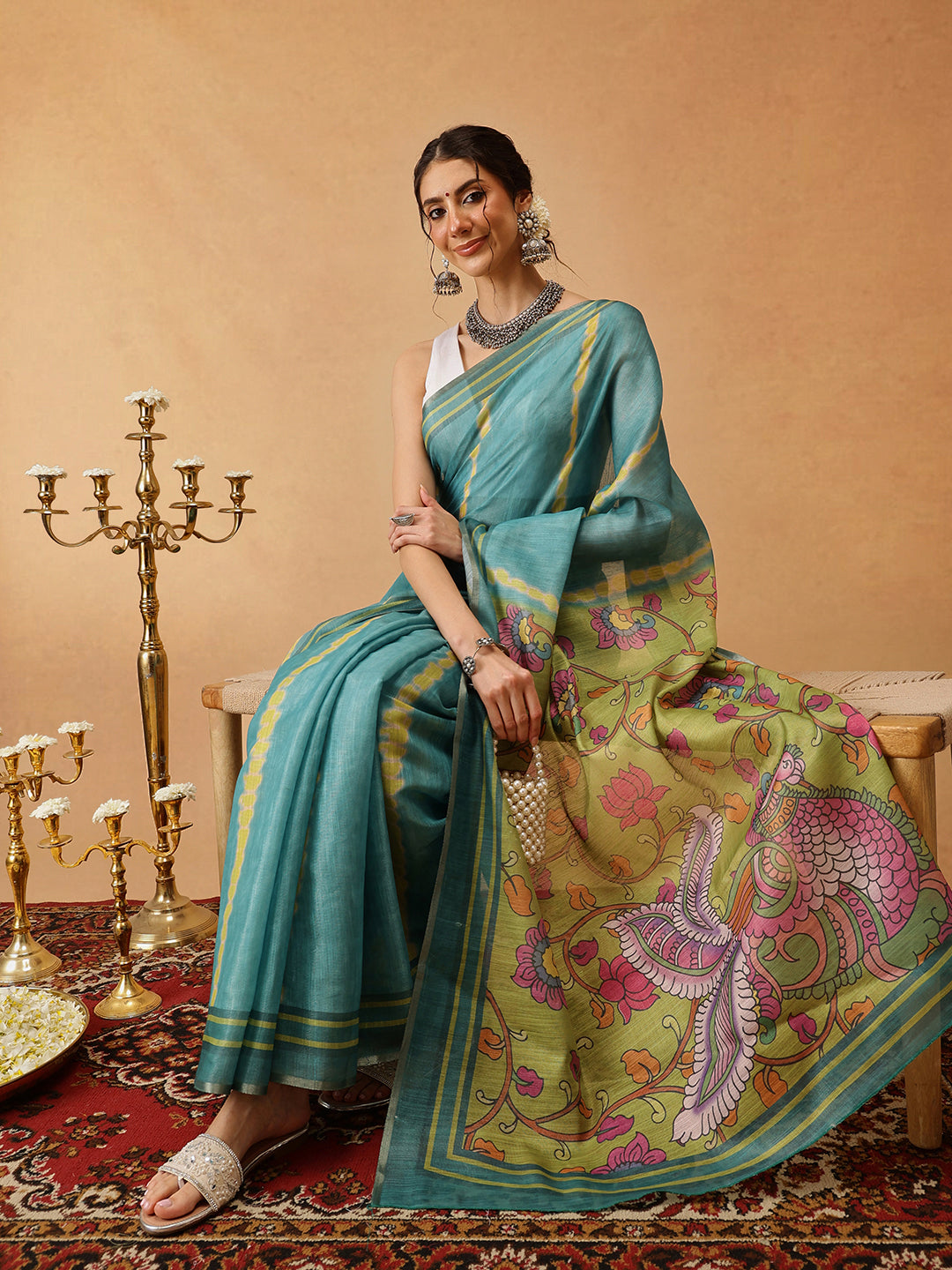 Hiral Fashion Teal Banarasi Cotton Silk Lahariya Digital Printed Saree