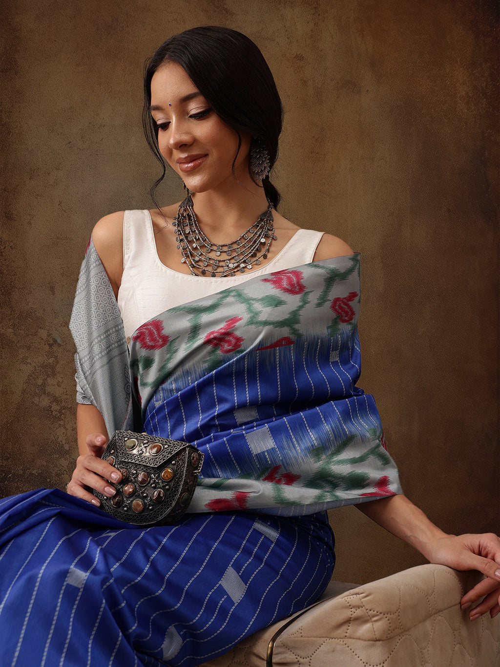 Blue Silk Blend Digital Print Striped Saree with Unstitched Blouse - Hiral Fashion