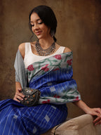 Blue Silk Blend Digital Print Striped Saree with Unstitched Blouse - Hiral Fashion