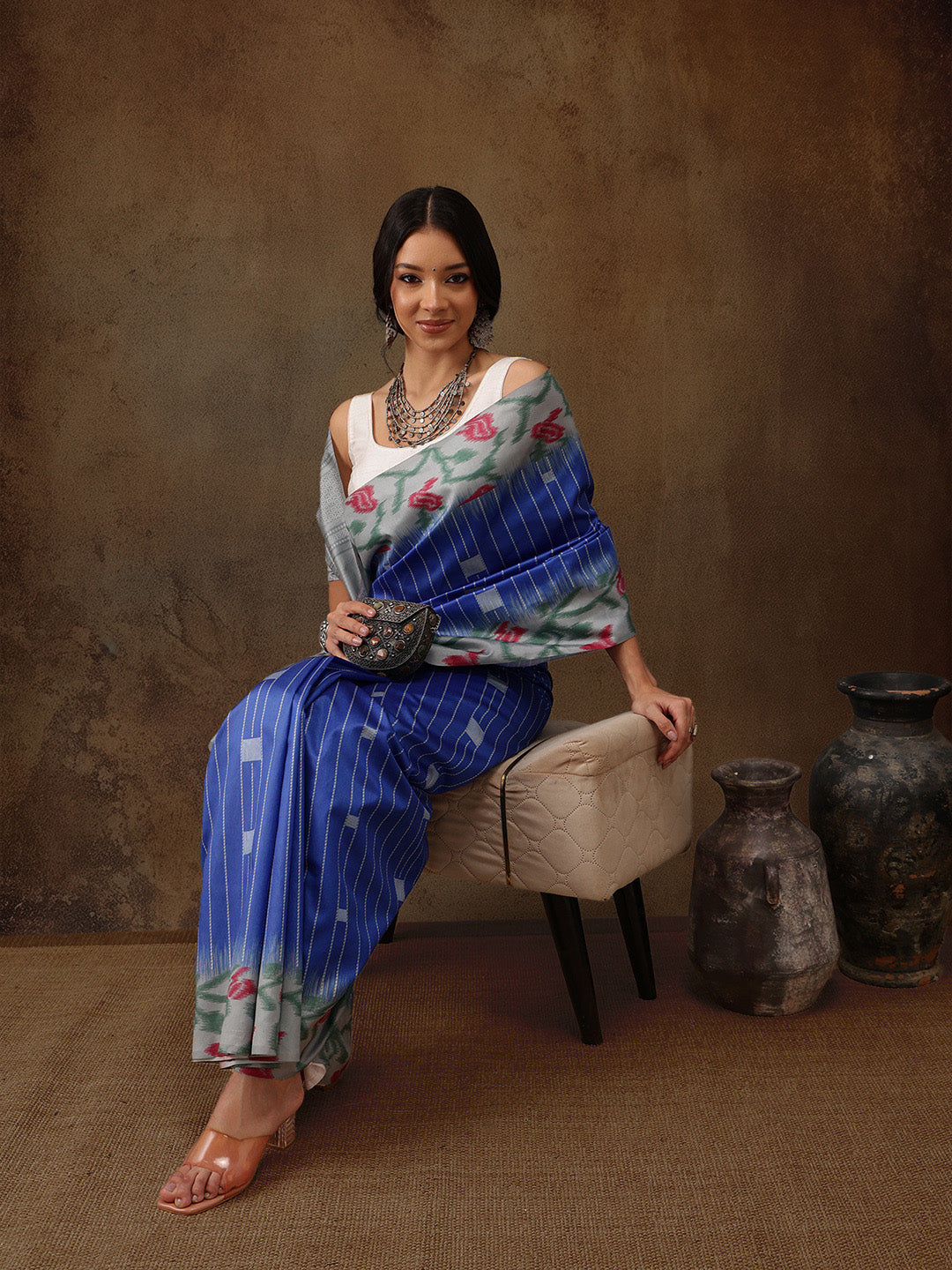 Blue Silk Blend Digital Print Striped Saree with Unstitched Blouse - Hiral Fashion