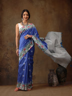 Blue Silk Blend Digital Print Striped Saree with Unstitched Blouse - Hiral Fashion