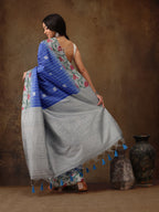 Blue Silk Blend Digital Print Striped Saree with Unstitched Blouse - Hiral Fashion