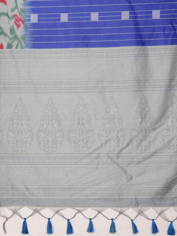 Blue Silk Blend Digital Print Striped Saree with Unstitched Blouse - Hiral Fashion