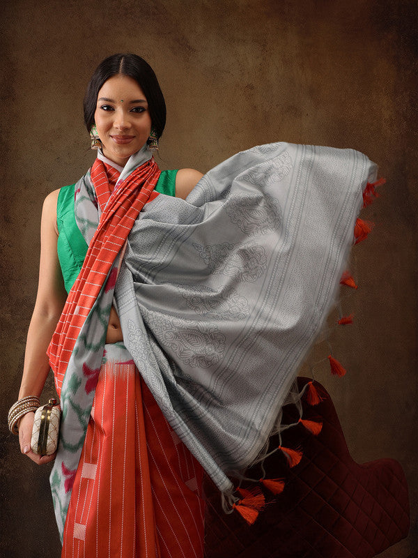 Orange Silk Blend Digital Print Striped Saree with Unstitched Blouse - Hiral Fashion