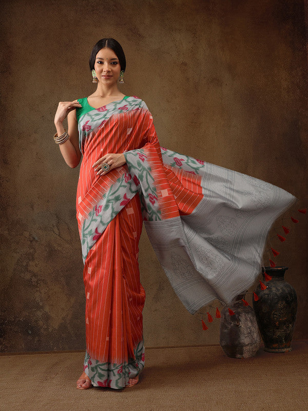 Orange Silk Blend Digital Print Striped Saree with Unstitched Blouse - Hiral Fashion