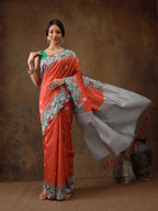 Orange Silk Blend Digital Print Striped Saree with Unstitched Blouse - Hiral Fashion