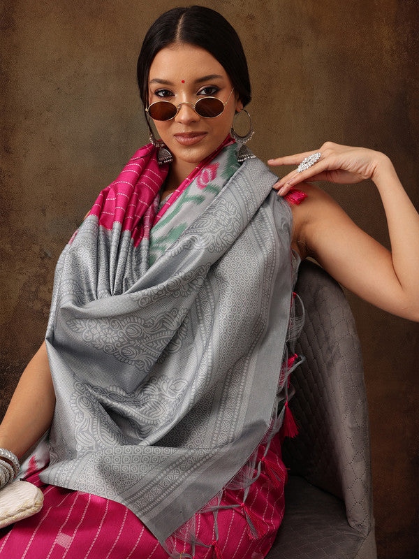 Pink Silk Blend Digital Print Striped Saree with Unstitched Blouse - Hiral Fashion