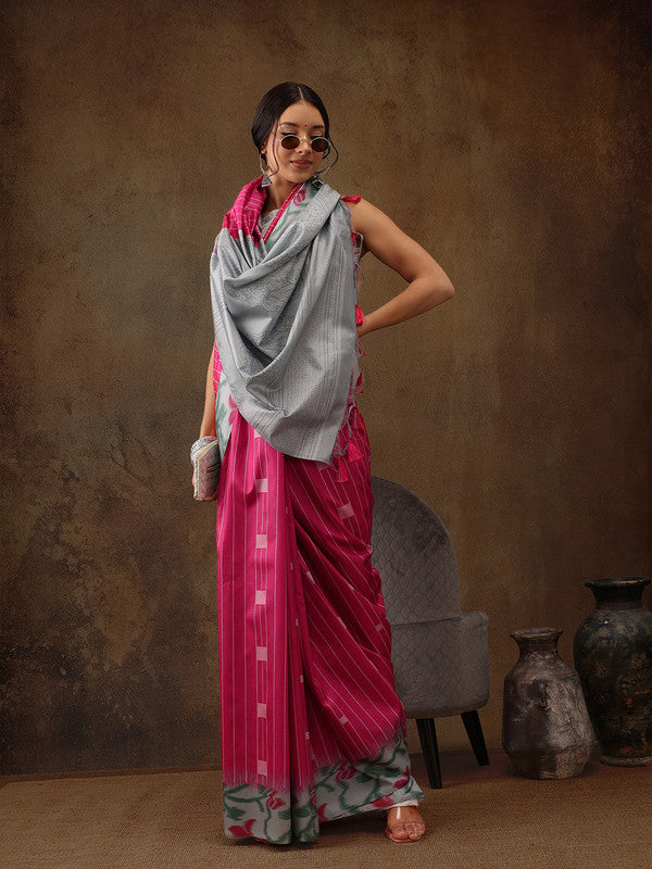 Pink Silk Blend Digital Print Striped Saree with Unstitched Blouse - Hiral Fashion