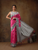 Pink Silk Blend Digital Print Striped Saree with Unstitched Blouse - Hiral Fashion