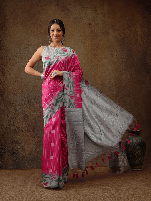 Pink Silk Blend Digital Print Striped Saree with Unstitched Blouse - Hiral Fashion