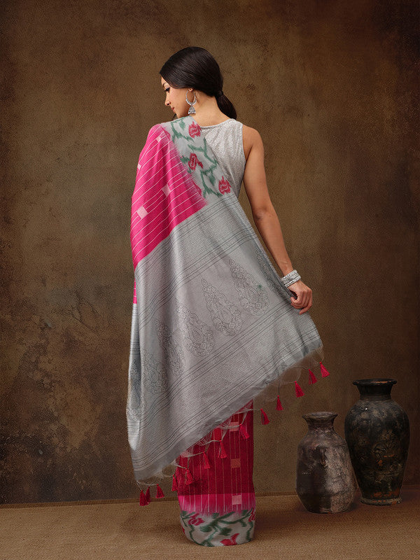 Pink Silk Blend Digital Print Striped Saree with Unstitched Blouse - Hiral Fashion