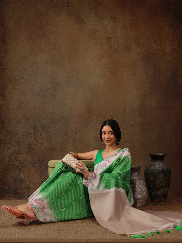 Green Silk Blend Digital Print Striped Saree with Unstitched Blouse - Hiral Fashion