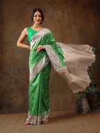 Green Silk Blend Digital Print Striped Saree with Unstitched Blouse - Hiral Fashion