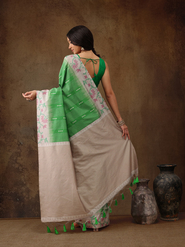 Green Silk Blend Digital Print Striped Saree with Unstitched Blouse - Hiral Fashion